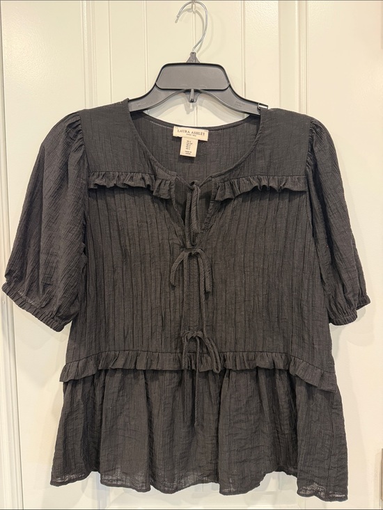 Laura Ashley Tops - Laura Ashley Black Ruffle Tie-Front Peasant Blouse